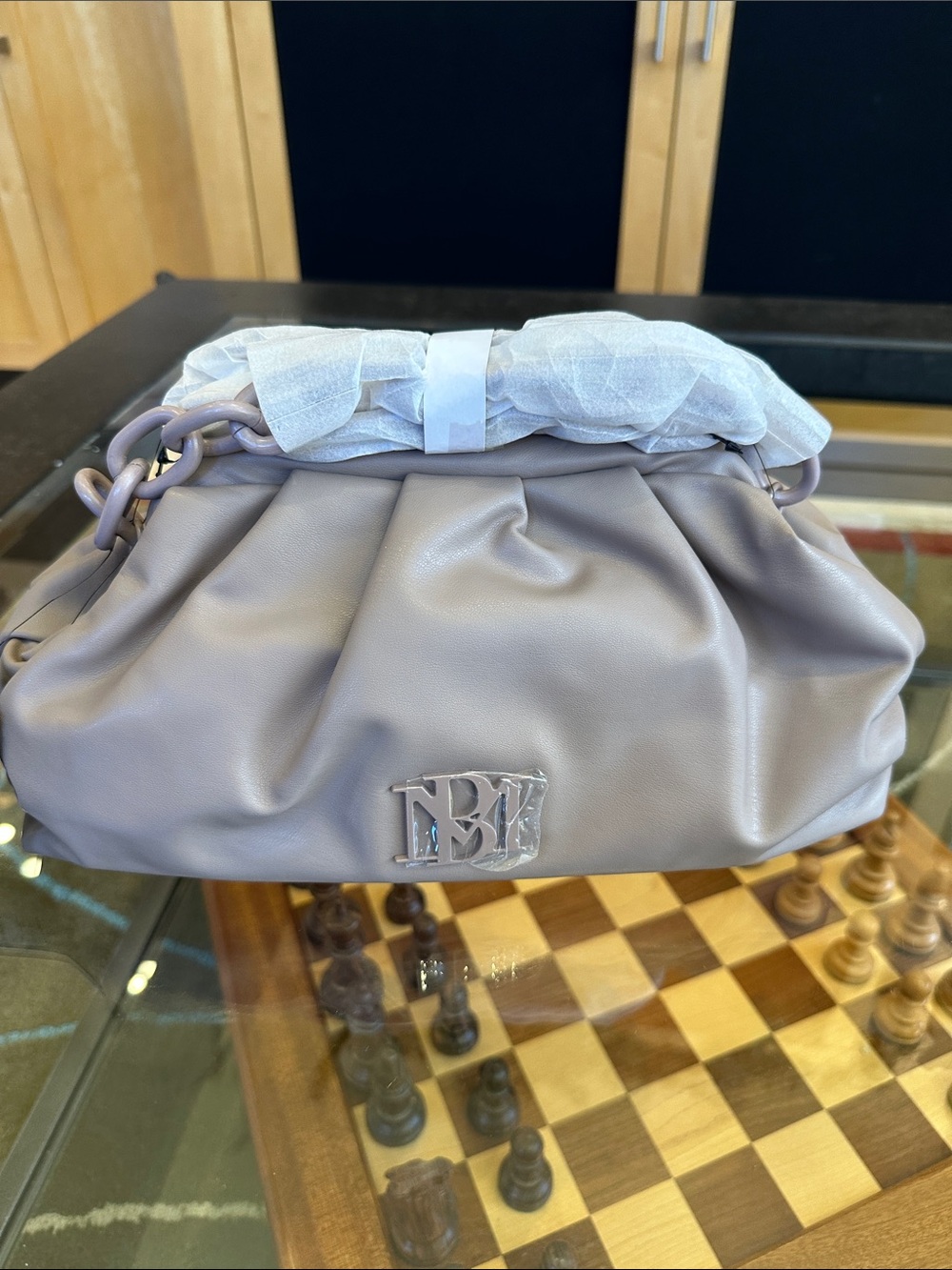 Badgley Mischka Taupe Gathered Shoulder Bag with Chain Handle